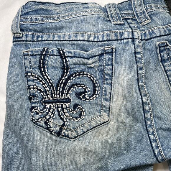 Miss Me Shorts Size 30 Blue Boot Cutoff Distressed Embellished Fleur-De-Lis Logo - Picture 10 of 11
